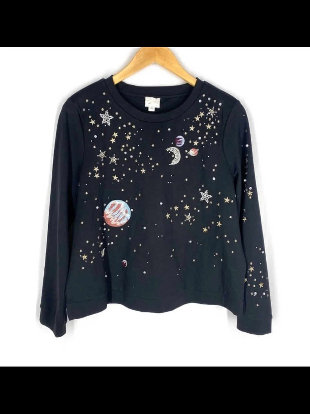 NEW Anthropologie Cosmic Galaxy Black Beaded Moon Space Star Sweatshirt Top - Picture 5 of 9